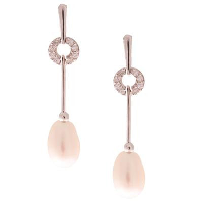 Stylish Sterling Silver With Rhodium Overlay Dangling 6.5-7Mm Rice Shaped  Simulated Pearl Earrings And Clear Cubic Zirconium Stones.