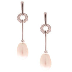 Stylish Sterling Silver With Rhodium Overlay Dangling 6.5-7Mm Rice Shaped  Simulated Pearl Earrings And Clear Cubic Zirconium Stones.