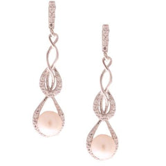 Dainty Sterling Silver With Rhodium Overlay Double Teardrop Like Shaped Dangling Earrings With Clear Cubic Zirconium Stones And 5,5-6Mm Round White  Simulated Pearl Hanging. Matching Pendant Available.
