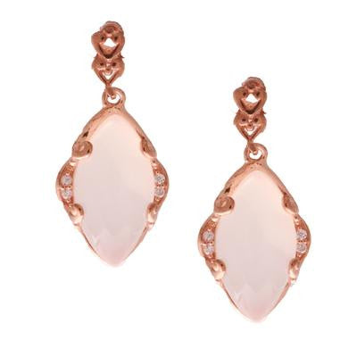 Dainty Sterling Silver With Rose Gold Overlay Drop Earrings. The Earrings Contain Clear Cubic Zirconium Stone And A Marquise Shaped White Chalcedony Stone In Center. Matching Pendant Available.