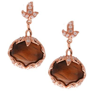 Trendy Sterling Silver With Rose Gold Overlay Oval Like Shaped Drop Earrings With Tiger Eye Stone In Center With Clear Cubic Zirconium Stones Around. Matching Pendant Available.