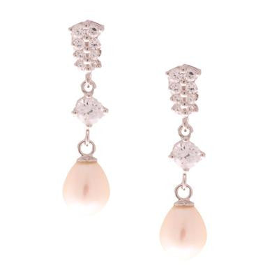 Dazzling Sterling Silver With Rhodium Overlay Dangling Earrings. The Earrings Contain A Double Row Of Four Round Clear Cubic Zirconium Stones And 1 Round Clear Cubic Zirconium Stone Dangling In Center And 7-7