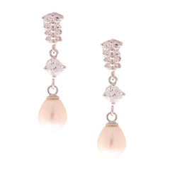 Dazzling Sterling Silver With Rhodium Overlay Dangling Earrings. The Earrings Contain A Double Row Of Four Round Clear Cubic Zirconium Stones And 1 Round Clear Cubic Zirconium Stone Dangling In Center And 7-7