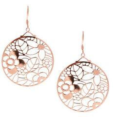 Trendy Sterling Silver With Rose Gold Overlay Flat Round Flower Shaped Cut Out Design Disc Hook Back Style Earrings. Matching Necklace Available.