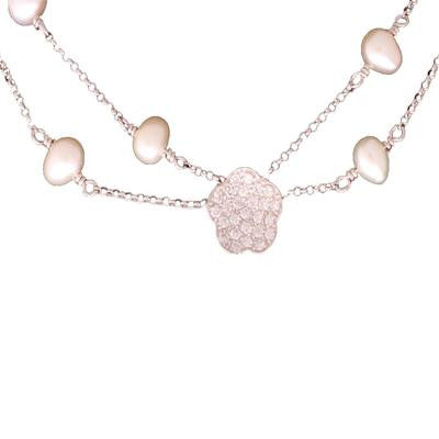 Dainty Sterling Silver With Rhodium Overlay 16 Inch Necklace With A 2 Inch Extender. The Necklace Contains 8 Round White  Simulated Pearls And A Flower Shaped Center Piece With Clear Cubic Zirconium Stones