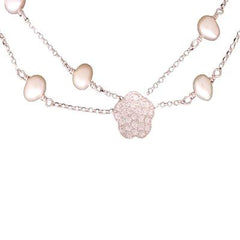 Dainty Sterling Silver With Rhodium Overlay 16 Inch Necklace With A 2 Inch Extender. The Necklace Contains 8 Round White  Simulated Pearls And A Flower Shaped Center Piece With Clear Cubic Zirconium Stones