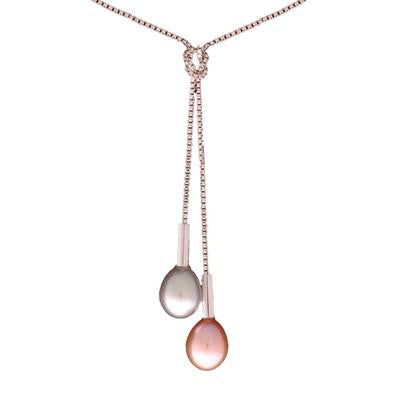 Dainty Sterling Silver With Rhodium Overlay 16 Inch Box Link Style Necklace. The Necklace Contains 1 7-7.5 Mm Rice Shaped  Simulated Pearl Grey And Light Lilac Dangling.