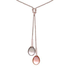 Dainty Sterling Silver With Rhodium Overlay 16 Inch Box Link Style Necklace. The Necklace Contains 1 7-7.5 Mm Rice Shaped  Simulated Pearl Grey And Light Lilac Dangling.