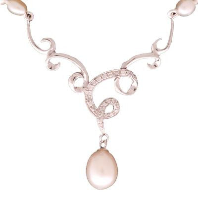 Dainty Sterling Silver With Rhodium Overlay 16 Inch Necklace With 2 Inch Extender. The Necklace Contains 4-4.5Mm Rice Shaped  Simulated Pearls All Along Chain With V Like Shaped Swirl Cz Center And 8-8.5Mm