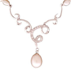 Dainty Sterling Silver With Rhodium Overlay 16 Inch Necklace With 2 Inch Extender. The Necklace Contains 4-4.5Mm Rice Shaped  Simulated Pearls All Along Chain With V Like Shaped Swirl Cz Center And 8-8.5Mm