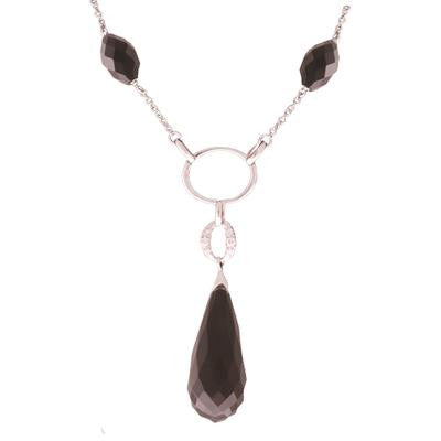 Trendy Sterling Silver With Rhodium Overlay 16 Inch Necklace. The Necklace Contains 2 Oval Shaped Black Agate Stone And 2 Oval Shaped Drop Links With Clear Cubic Zirconium Stones And A Black Agate Pear Shape