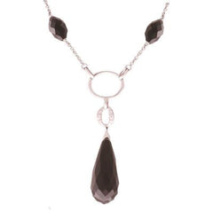 Trendy Sterling Silver With Rhodium Overlay 16 Inch Necklace. The Necklace Contains 2 Oval Shaped Black Agate Stone And 2 Oval Shaped Drop Links With Clear Cubic Zirconium Stones And A Black Agate Pear Shape