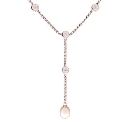 Dainty Sterling Silver With Rhodium Overlay Rollo Style 16 Inch Drop Style Necklace With Clear Cubic Zirconium Stones And A 7-7.5Mm Rice Shaped  Simulated Pearl Dangling.