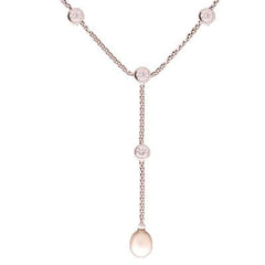 Dainty Sterling Silver With Rhodium Overlay Rollo Style 16 Inch Drop Style Necklace With Clear Cubic Zirconium Stones And A 7-7.5Mm Rice Shaped  Simulated Pearl Dangling.