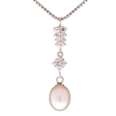 Dazzling Sterling Silver With Rhodium Overlay 16 Inch Box Link Style Chain Necklace. The Necklace Contains A Double Row Of Clear Cubic Zirconium Stones And A Round Clear Stone And 7-7.5Mm Dangling White Fres