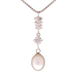 Dazzling Sterling Silver With Rhodium Overlay 16 Inch Box Link Style Chain Necklace. The Necklace Contains A Double Row Of Clear Cubic Zirconium Stones And A Round Clear Stone And 7-7.5Mm Dangling White Fres