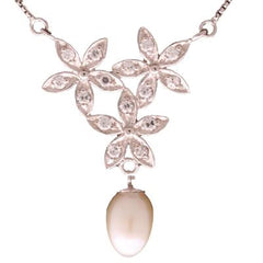 Dainty Sterling Silver With Rhodium Overlay Box Linked Style Chain Necklace. The Necklace Contains Three Flowers With Clear Cubic Zirconium Stones In Center And 7-7.5Mm Rice Shaped White  Simulated Pearl Da