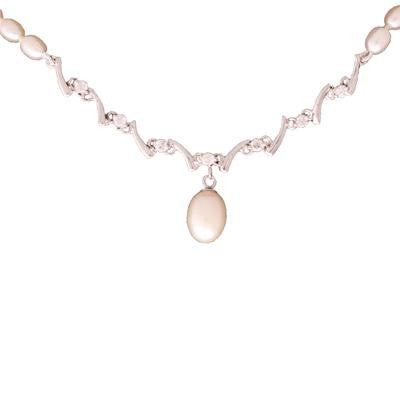 Stylish Sterling Silver With Rhodium Overlay Rice Shaped  Simulated Pearl Necklace With Clear Cubic Zirconium Stones Silver Links Attached In Center And A Dangling Simulated Pearl On Bottom.