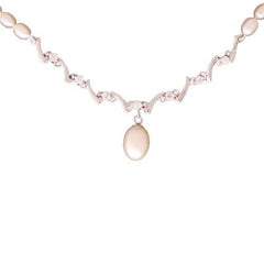 Stylish Sterling Silver With Rhodium Overlay Rice Shaped  Simulated Pearl Necklace With Clear Cubic Zirconium Stones Silver Links Attached In Center And A Dangling Simulated Pearl On Bottom.