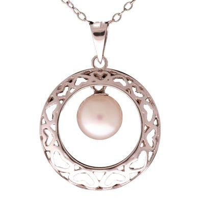 Trendy Sterling Silver With Rhodium Overlay Circle Shaped Three D Shaped With 8-8.5Mm Round White  Simulated Pearl Danging In Center. Matching Earrings Available.