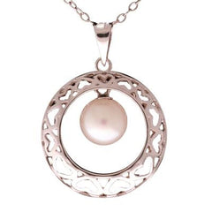 Trendy Sterling Silver With Rhodium Overlay Circle Shaped Three D Shaped With 8-8.5Mm Round White  Simulated Pearl Danging In Center. Matching Earrings Available.