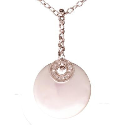 Trendy Sterling Silver Flat  Simulated Pearl Pendant With Clear Cubic Zirconium Stones Around. Matching Earrings Available.