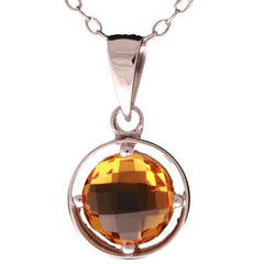 Dainty Sterling Silver With Rhodium Overlay Citrine Stone Drop Pendant Set In A Four Prong Setting. Matching Earrings Available.