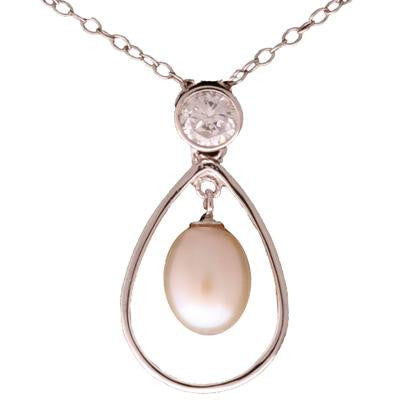 Stylish Sterling Silver With Rhodium Overlay Teardrop Shaped Cut Out Dangling Pendant With 7-7.5Mm White  Simulated Pearl Dangling In Center With Clear Cubic Zirconium Stones. Matching Earrings Available.