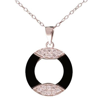 Trendy Sterling Silver With Rhodium Overlay Circle Shaped Cut Out Black Agate With Two Marquise Shapes On Top And Bottom With Clear Cubic Zirconium Stones.