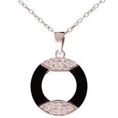 Trendy Sterling Silver With Rhodium Overlay Circle Shaped Cut Out Black Agate With Two Marquise Shapes On Top And Bottom With Clear Cubic Zirconium Stones.