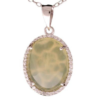 Trendy Sterling Silver With Rhodium Overlay Oval Shaped Jade Pendant With Clear Cubic Zirconium Stones Around.