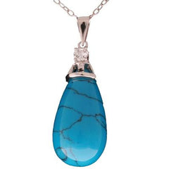 Trendy Sterling Silver With Rhodium Overlay With Teardrop Like Shaped Synthetic Turquoise Drop Pendant With Clear Cubic Zirconium Stones.