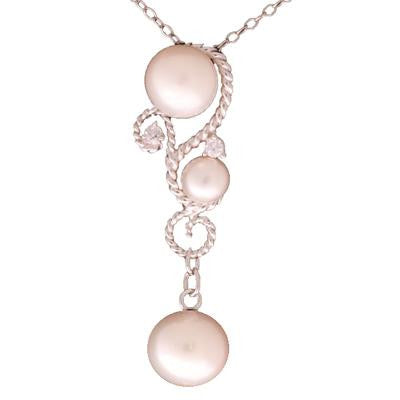 Dainty Sterling Silver With Rhodium Overlay Swirl Shaped Dangling Roped Pendant With 9-9.5Mm  Simulated Pearl Hanging And 8-8.5Mm And 5-5.5Mm Button Shaped Simulated Pearls And Clear Cubic Zirconium Stones. Matching
