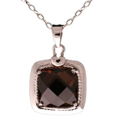 Dainty Sterling Silver With Rhodium Overlay Square Shaped Drop Pendant With Smokey Quartz Stone In Center With Thin Roped Trimming Around. Matching Earrings Available.