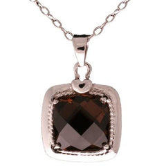 Dainty Sterling Silver With Rhodium Overlay Square Shaped Drop Pendant With Smokey Quartz Stone In Center With Thin Roped Trimming Around. Matching Earrings Available.