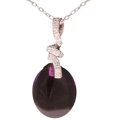 Trendy Sterling Silver With Rhodium Overlay Flat Teardrop Like Shaped Amethyst Drop Style Pendant With Twirled Top Part With Clear Cubic Zirconium Stones.