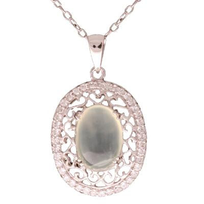 Trendy Sterling Silver With Rhodium Overlay Oval Shaped Cut Out Design Pendant With Jade Stone In Center And Clear Cubic Zirconium Stones Around.