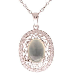 Trendy Sterling Silver With Rhodium Overlay Oval Shaped Cut Out Design Pendant With Jade Stone In Center And Clear Cubic Zirconium Stones Around.