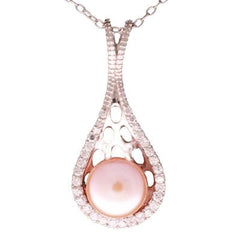 Dazzling Sterling Silver With Rhodium Overlay Teardrop Like Shaped Pendant With 9.5-10Mm Button Shaped Pink Simulated Pearl In Center And Clear Cubic Zirconium Stones Around. Matching Earrings Available.