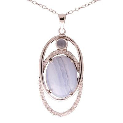 Trendy Sterling Silver With Rhodium Overlay Double Oval Overlapped Like Shaped Drop Style Pendant With Clear Cubic Zirconium Stones On One Oval With Blue Lace Agate In Center Set In A Four Prong Setting.