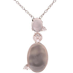 Trendy Sterling Silver With Rhodium Overlay Drop Style Pendant With White Chalcedony And Clear Cubic Zirconium Stones Round. Matching Earrings Available.