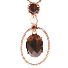 Stylish Sterling Silver With Rose Gold Overlay Oval Like Shaped Roped Cut Out Pendant With Round Smokey Quartz Stone On Top And Oval Shaped One Dangling In Center. Matching Earring Available.