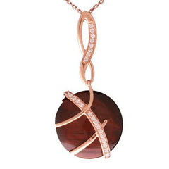 Stylish Sterling Silver With Rose Gold Overlay Circle Shaped Red Tiger Eye Pendant With Swirl Shaped Cubic Zirconium Stones. Matching Earrings Available.