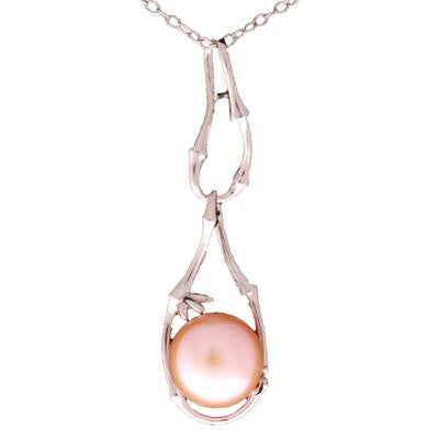 Trendy Sterling Silver With Rhodium Overlay Dangling Cut Out Design With And 9.5-10Mm Button Shaped Peach  Simulated Pearl Pendant. Matching Earrings Available.
