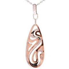 Trendy Sterling Silver Two Tone Rhodium And Rose Gold Overlay Double Teardrop Like Shaped Cut Out Design Dangling Pendant. Matching Earrings Available.