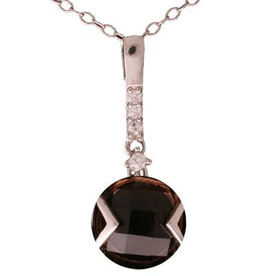 Dainty Sterling Silver With Rhodium Overlay Round Smokey Quartz Pendant With Row Of Cubic Zirconium Stones. Matching Earrings Available.