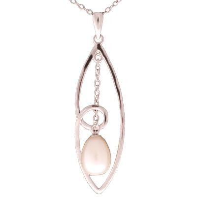 Dangling Sterling Silver With Rhodium Overlay Marquise Shaped Cut Out Pendant With Chain And 8-8.5Mm White  Simulated Pearl Dangling In Center. Matching Earrings Available.