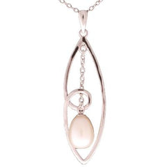 Dangling Sterling Silver With Rhodium Overlay Marquise Shaped Cut Out Pendant With Chain And 8-8.5Mm White  Simulated Pearl Dangling In Center. Matching Earrings Available.