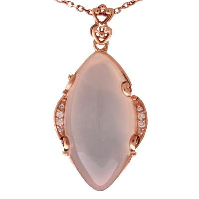 Trendy Sterling Silver With Rose Gold Overlay Drop Style Pendant With White Chalcedony Stone In Center And Cubic Zirconium Stones Around. Matching Earrings Available.