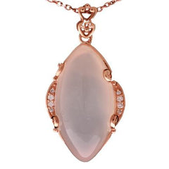 Trendy Sterling Silver With Rose Gold Overlay Drop Style Pendant With White Chalcedony Stone In Center And Cubic Zirconium Stones Around. Matching Earrings Available.